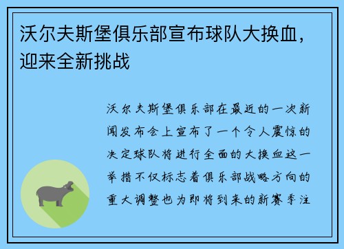 沃尔夫斯堡俱乐部宣布球队大换血，迎来全新挑战